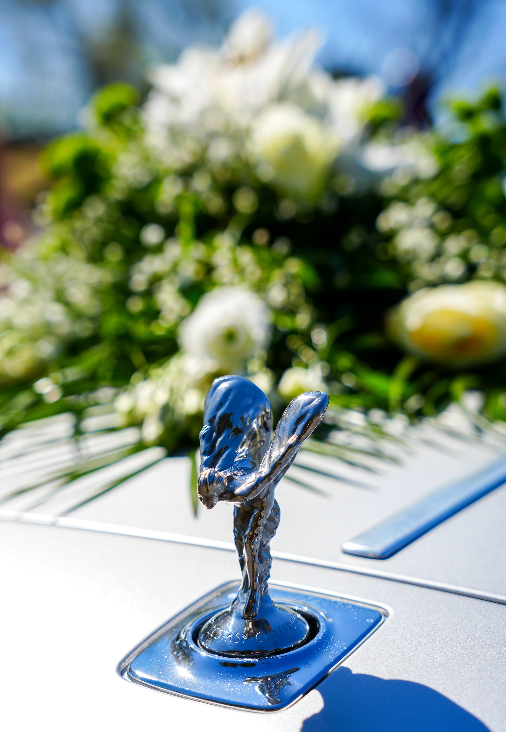 L’emblème d’une voiture blanche devant un bouquet de fleurs